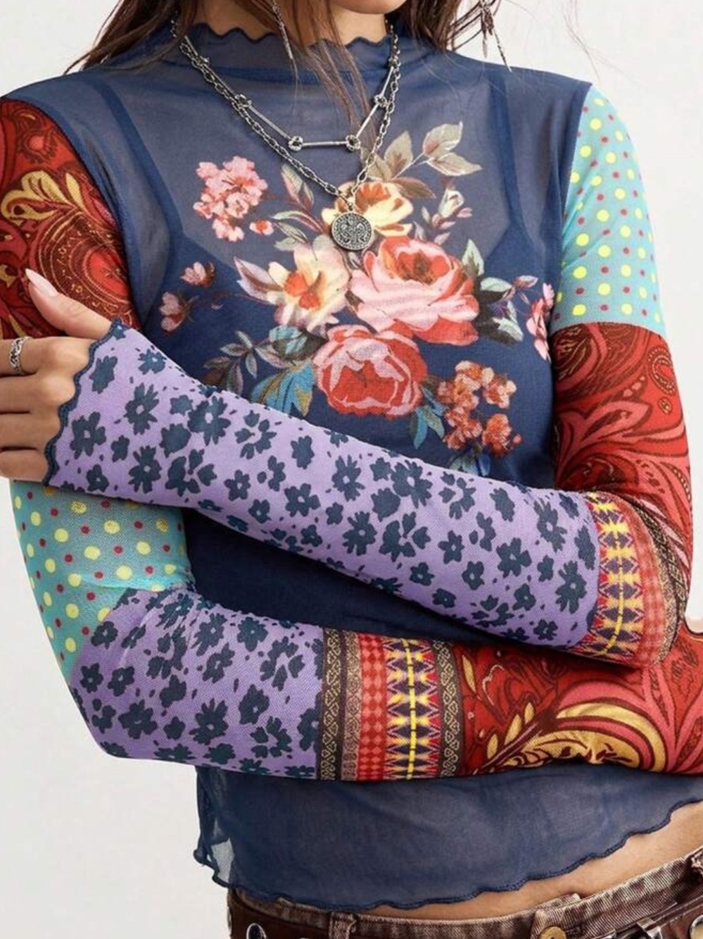 Navy Blue Floral Mesh Long-Sleeve Women's Top - Picture 5 of 6